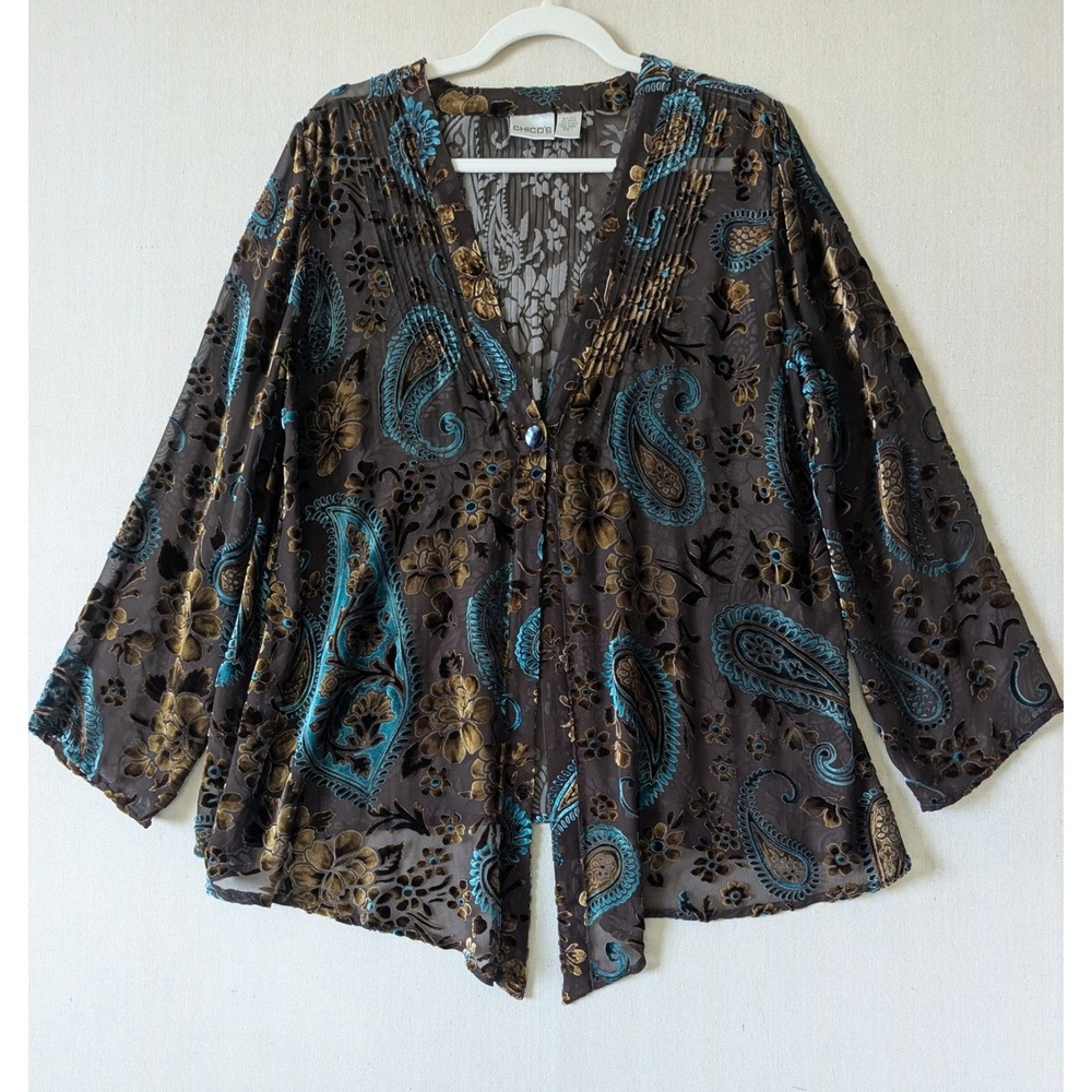 Chico's Burnout Velvet Sheer Topper Kimono Size 1 Brown Turquoise Silk Paisley
